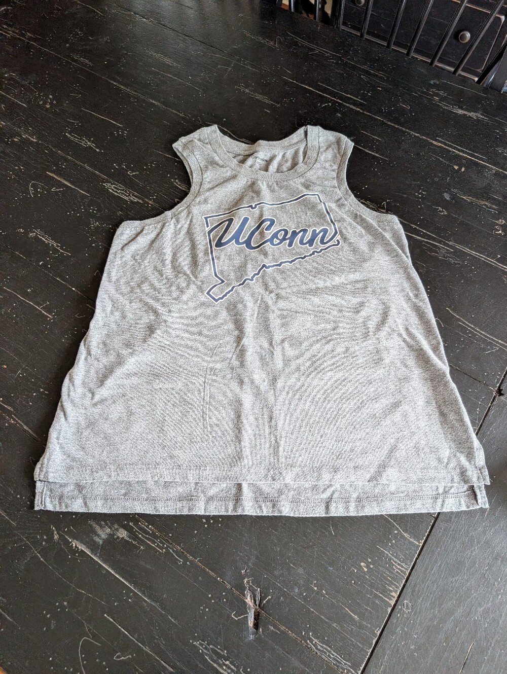 UCONN Medium Gray Tank Top with Navy Blue Lettering Inside Connecticut Outline